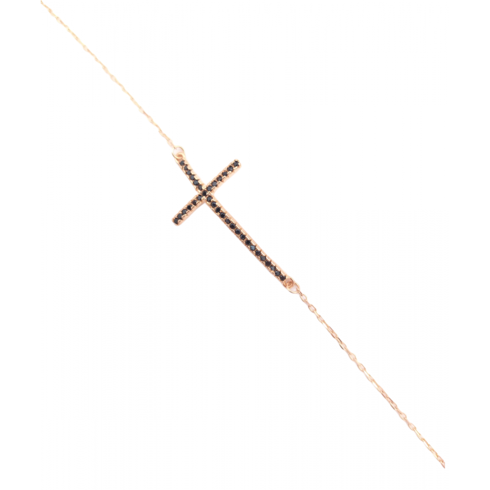 Ασημένιο βραχιόλι 925°,ροζ επιχρυσωμένο, σταυρός με μαύρα ζιργκόν