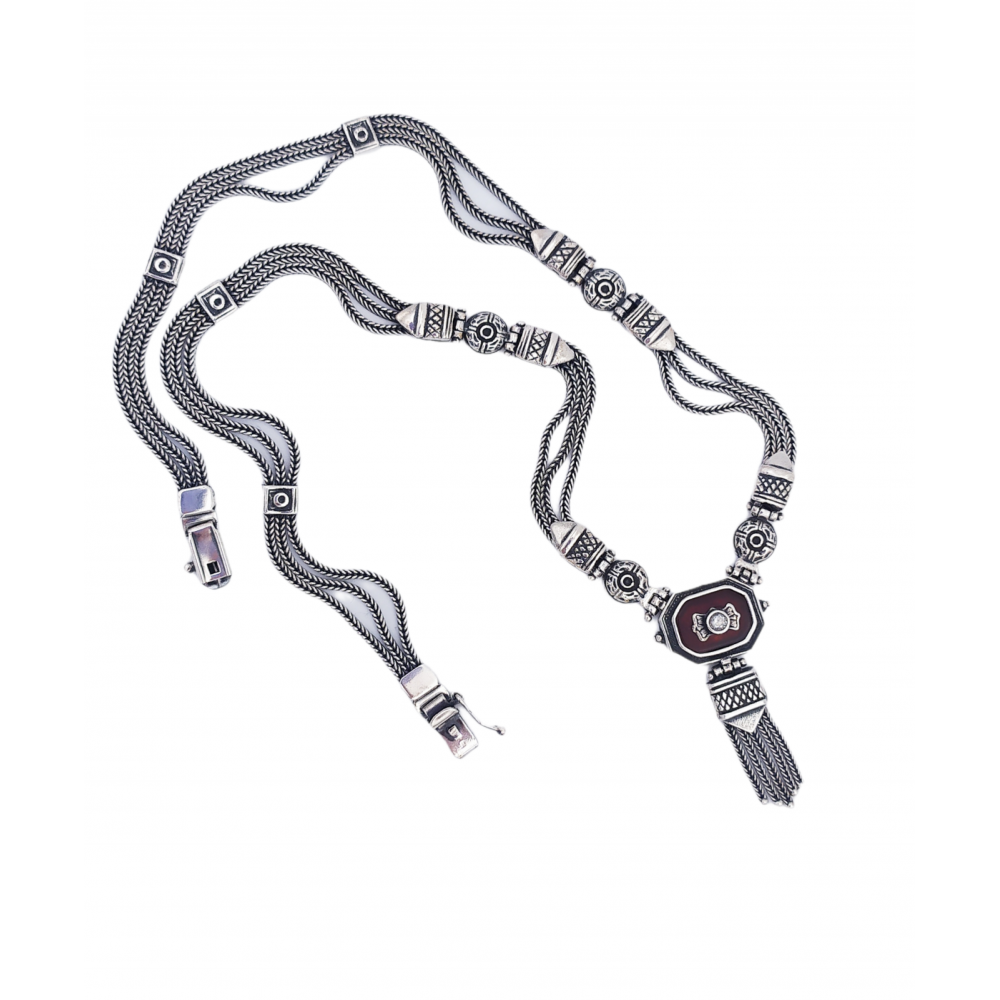 925° silver necklace, twisted chain, pendant with garnet and mother-of-pearl