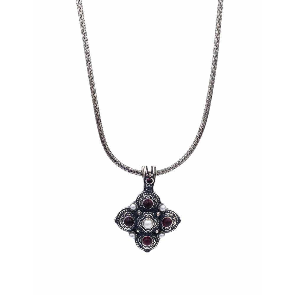 925° silver necklace, snake chain, cross with garnet and pearls