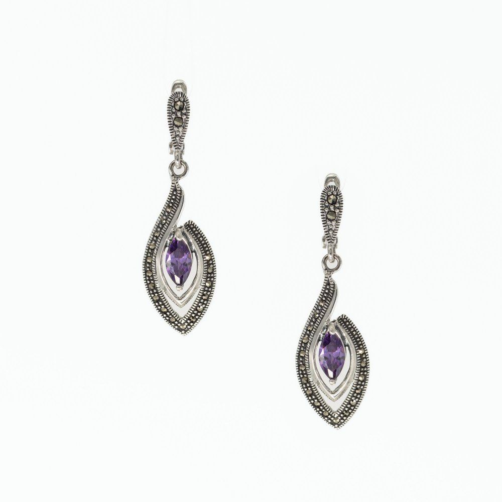Ασημένια χειροποίητα σκουλαρίκια 925° με μαρκασίτη και αμέθυστο
