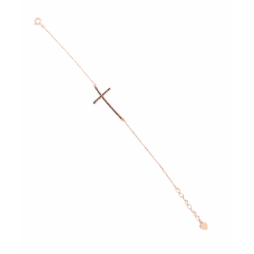 Moschos Ασημένιο βραχιόλι 925°,ροζ επιχρυσωμένο, σταυρός με μαύρα ζιργκόν