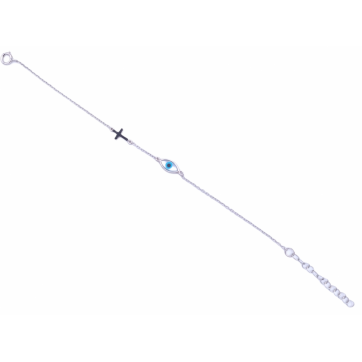 Moschos Ασημένιο βραχιόλι 925°, σταυρός με μαύρα ζιργκόν και μάτι με φίλντισι 