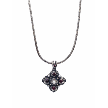 Moschos 925° silver necklace, snake chain, cross with garnet and pearls