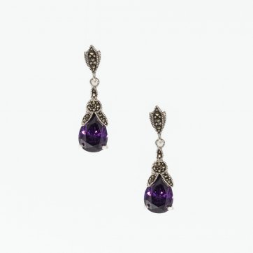 Moschos Ασημένια χειροποίητα σκουλαρίκια 925° μαρκασίτη με αμέθυστο